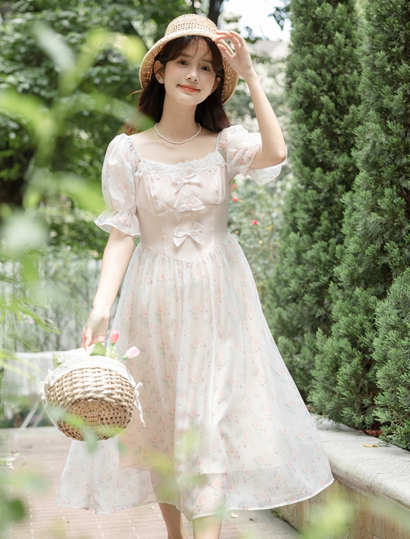 Retro floral France style lady bow chiffon sweet dress