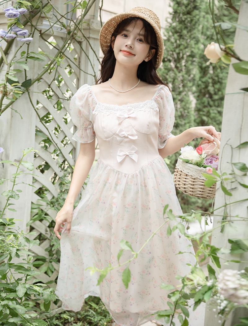 Retro floral France style lady bow chiffon sweet dress