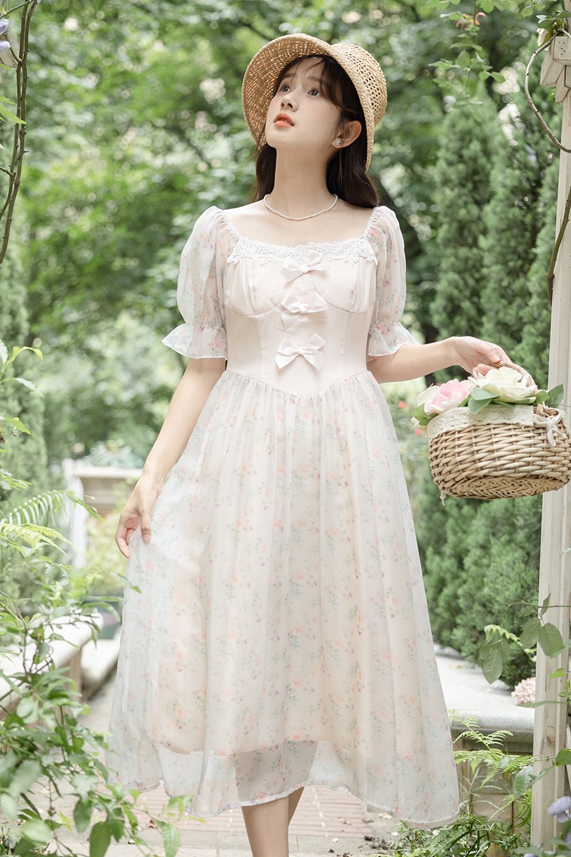 Retro floral France style lady bow chiffon sweet dress