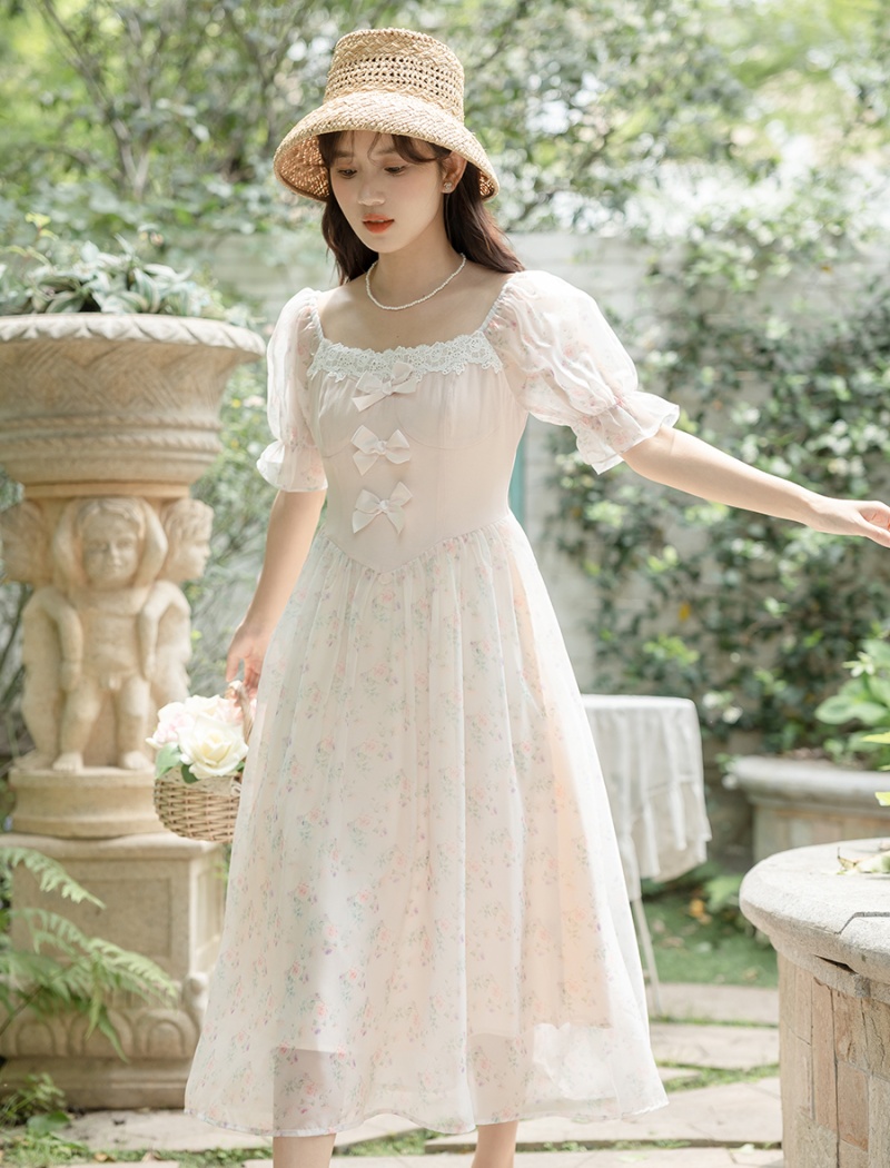 Retro floral France style lady bow chiffon sweet dress