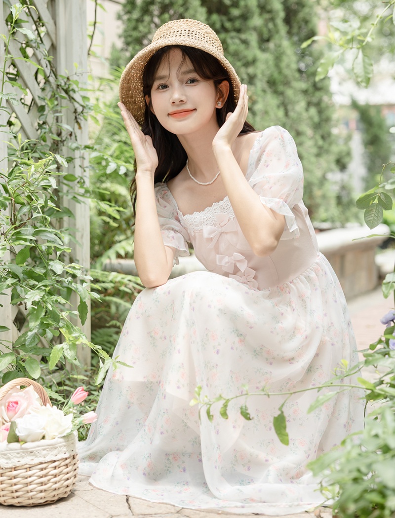 Retro floral France style lady bow chiffon sweet dress