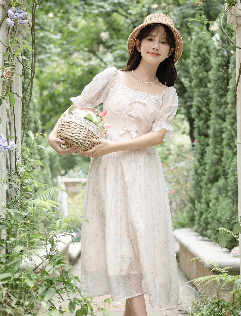 Retro floral France style lady bow chiffon sweet dress