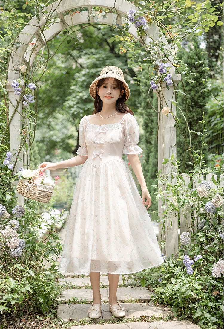 Retro floral France style lady bow chiffon sweet dress