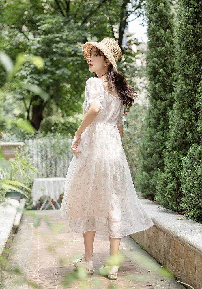 Retro floral France style lady bow chiffon sweet dress