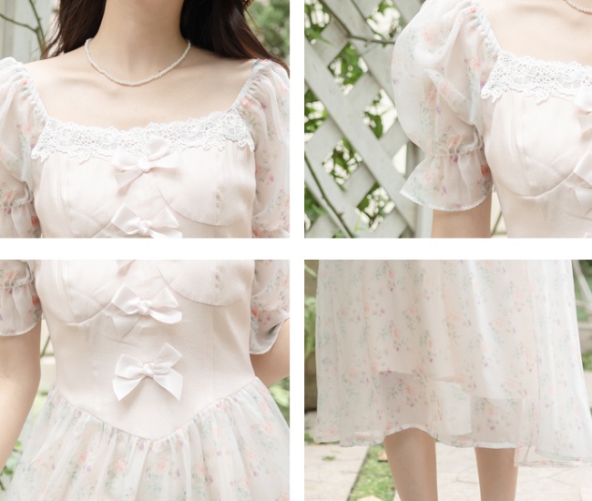 Retro floral France style lady bow chiffon sweet dress