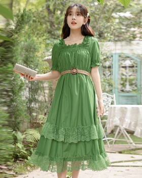 Slim square collar waistband maiden retro long dress