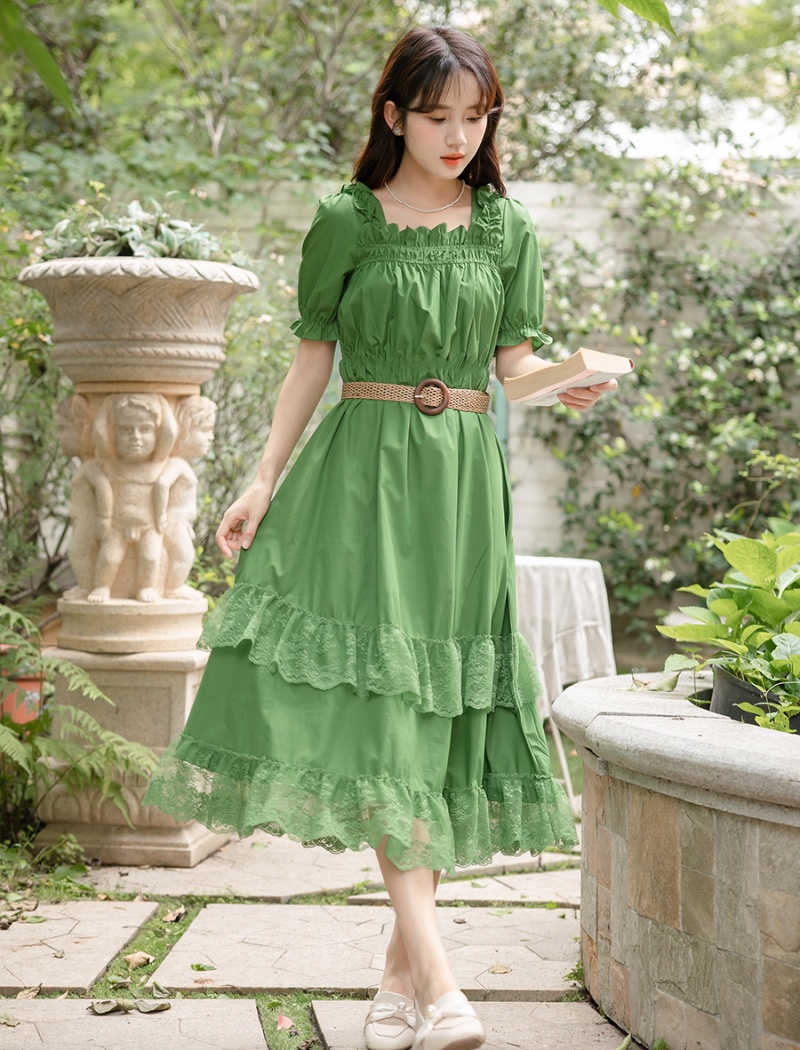 Slim square collar waistband maiden retro long dress