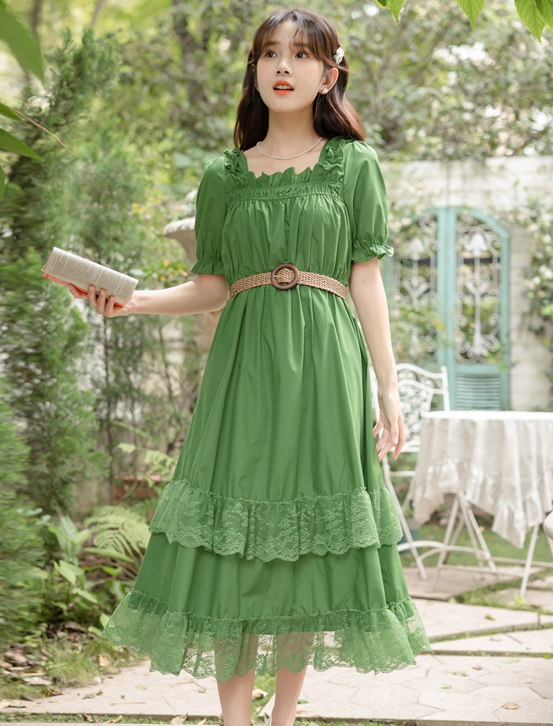 Slim square collar waistband maiden retro long dress
