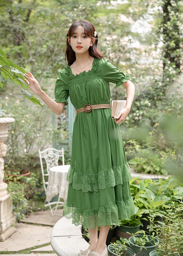 Slim square collar waistband maiden retro long dress