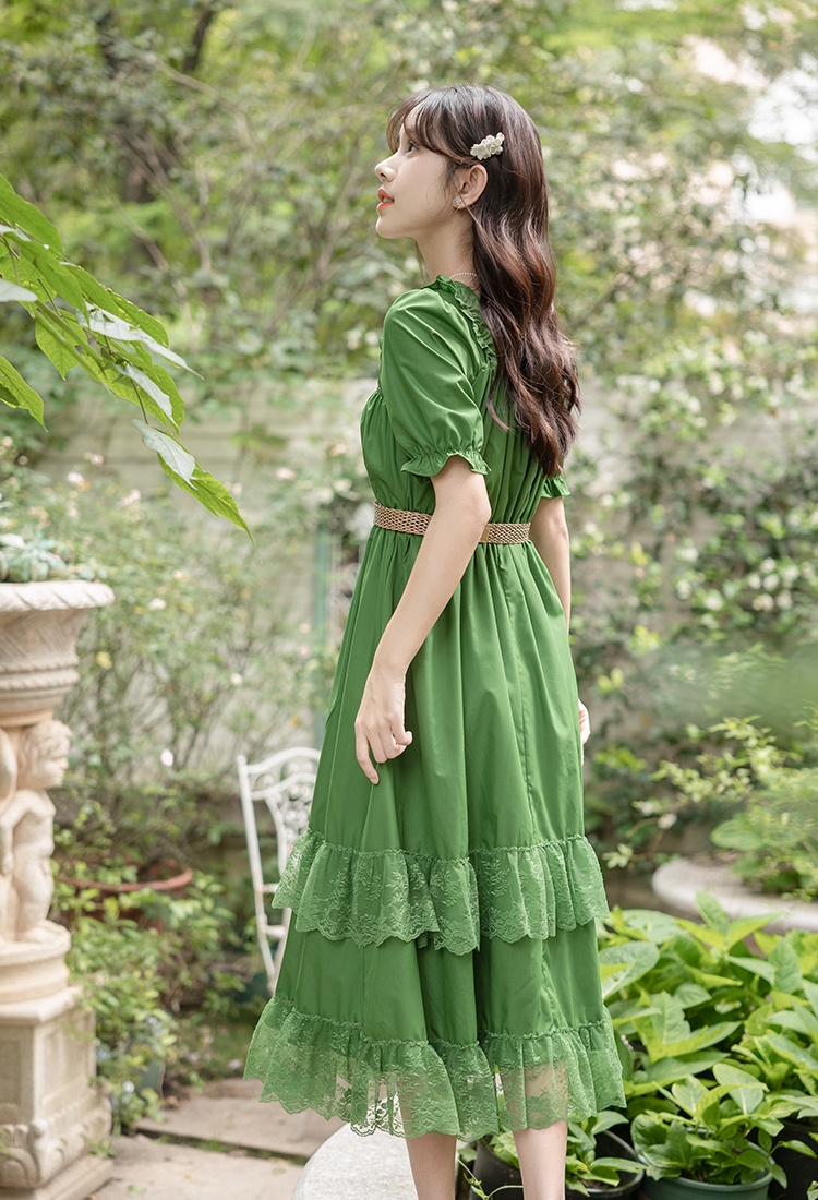 Slim square collar waistband maiden retro long dress