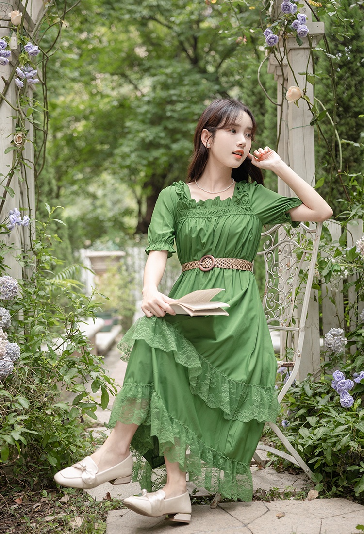 Slim square collar waistband maiden retro long dress