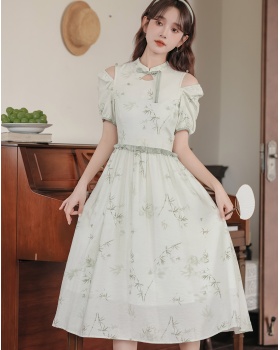 Slim show young ink pinched waist printing dress