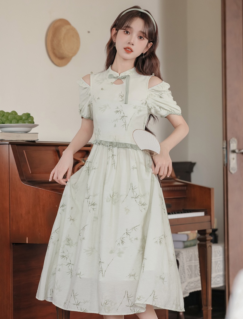 Slim show young ink pinched waist printing dress