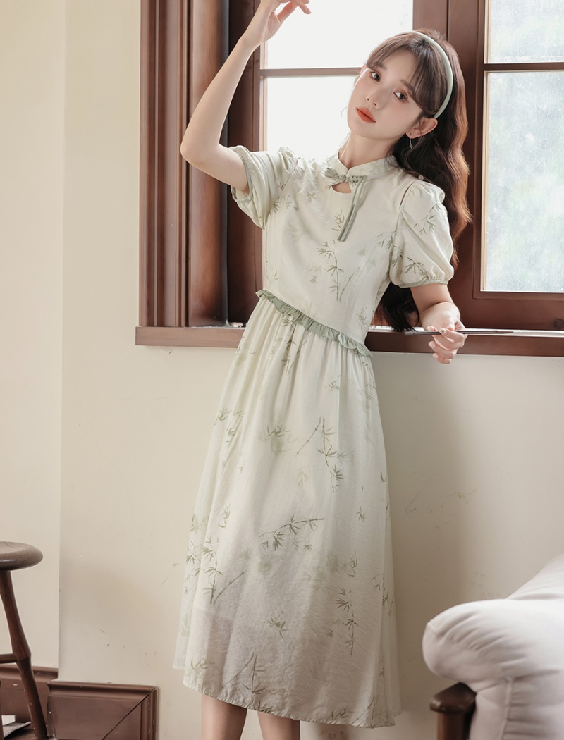 Slim show young ink pinched waist printing dress