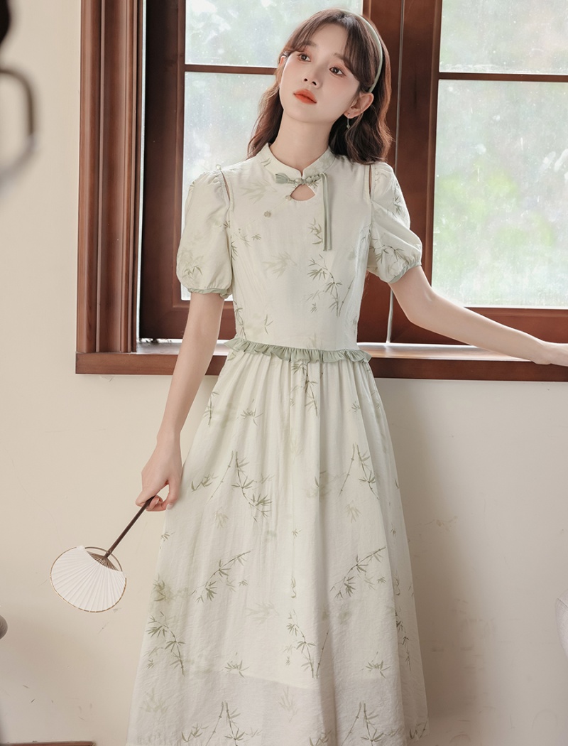 Slim show young ink pinched waist printing dress