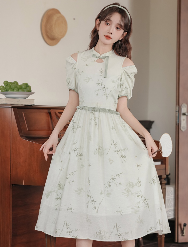 Slim show young ink pinched waist printing dress