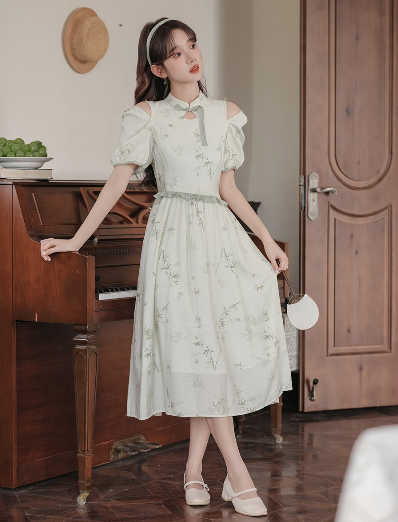 Slim show young ink pinched waist printing dress