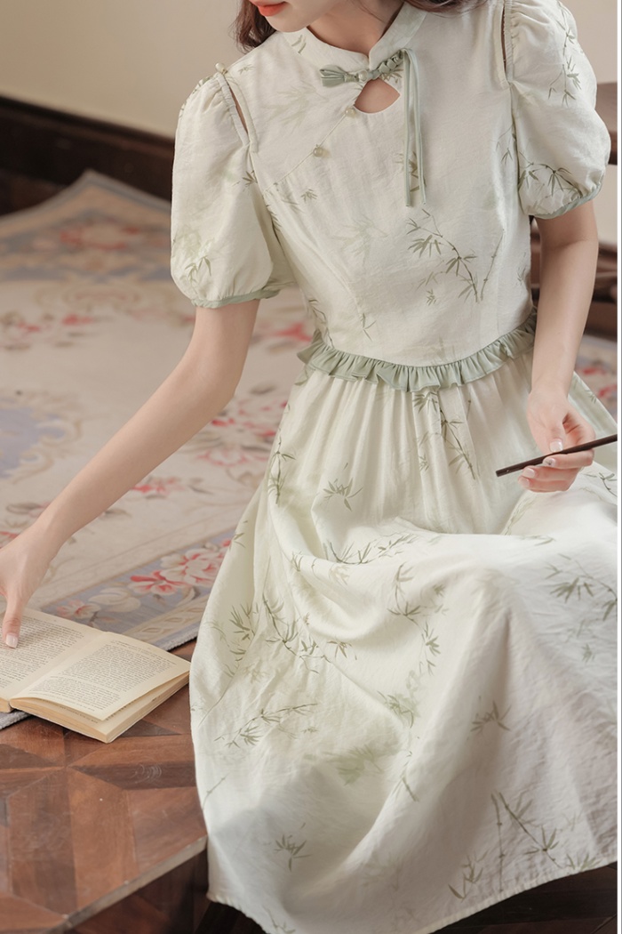 Slim show young ink pinched waist printing dress