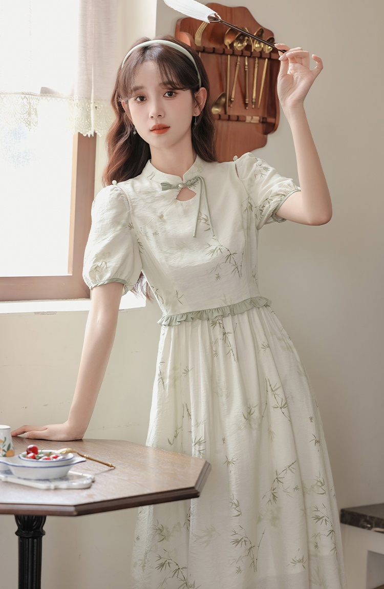 Slim show young ink pinched waist printing dress