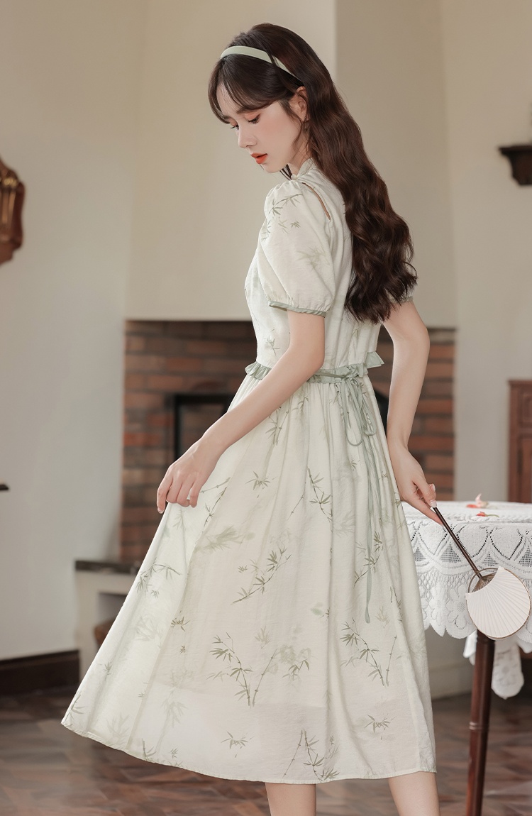 Slim show young ink pinched waist printing dress