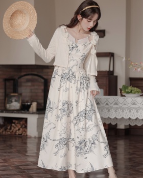 Niche cardigan flowers dress 2pcs set for women