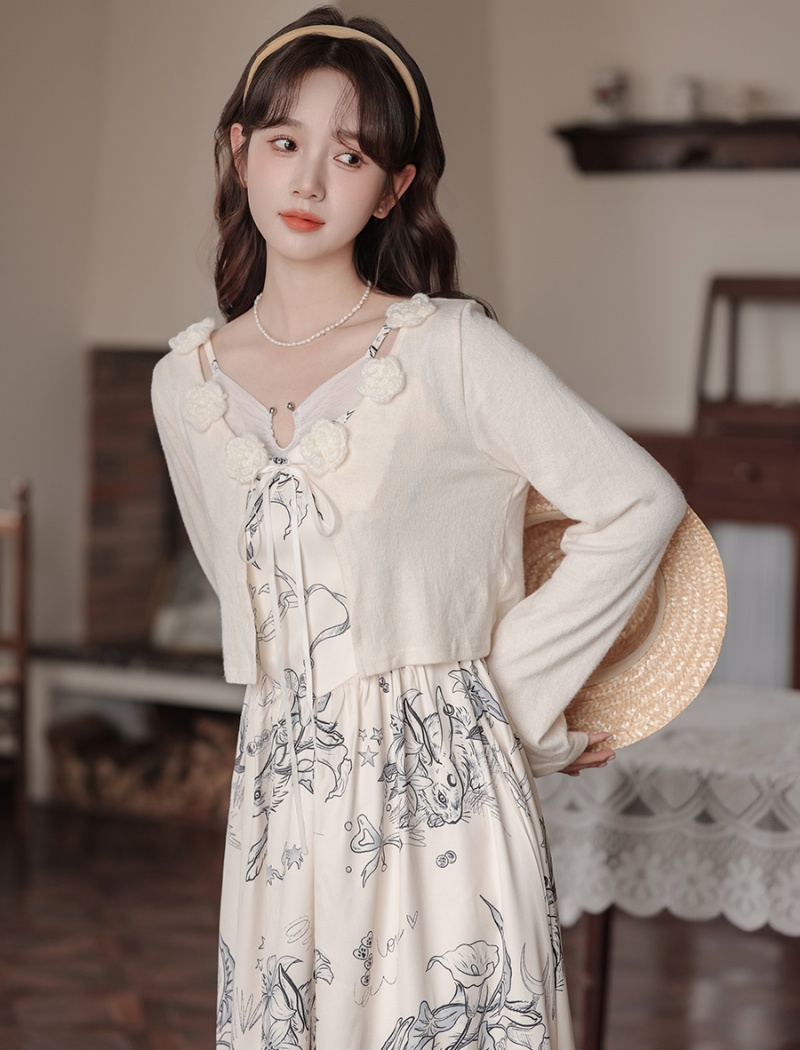 Niche cardigan flowers dress 2pcs set for women