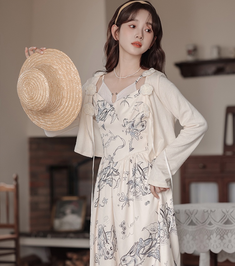 Niche cardigan flowers dress 2pcs set for women