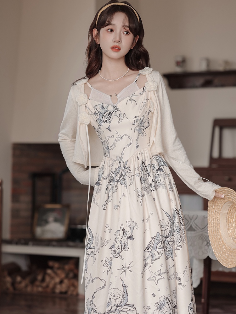 Niche cardigan flowers dress 2pcs set for women