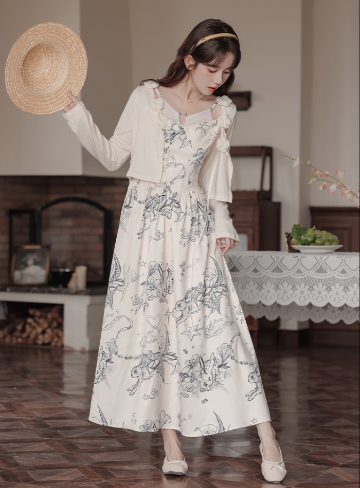 Niche cardigan flowers dress 2pcs set for women