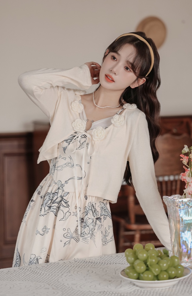 Niche cardigan flowers dress 2pcs set for women