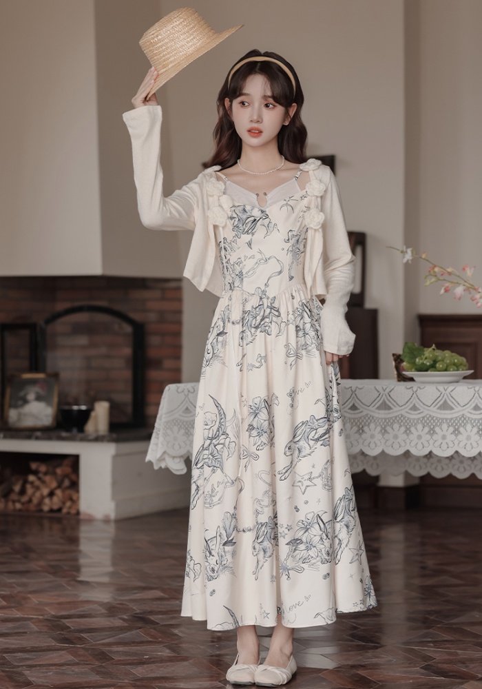 Niche cardigan flowers dress 2pcs set for women