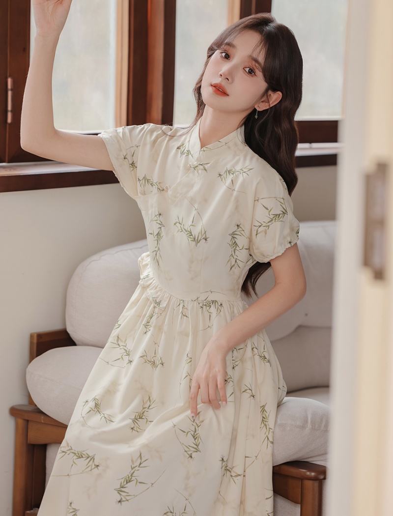 Retro art long dress short sleeve show young dress