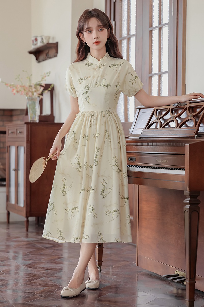 Retro art long dress short sleeve show young dress