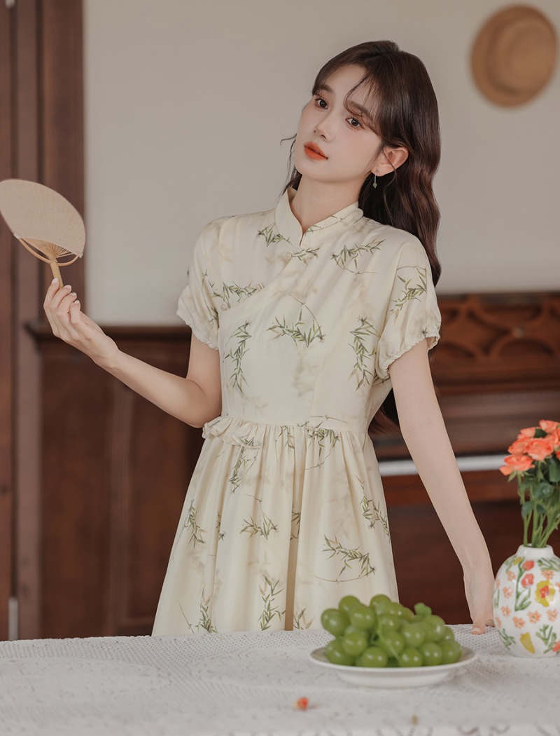 Retro art long dress short sleeve show young dress