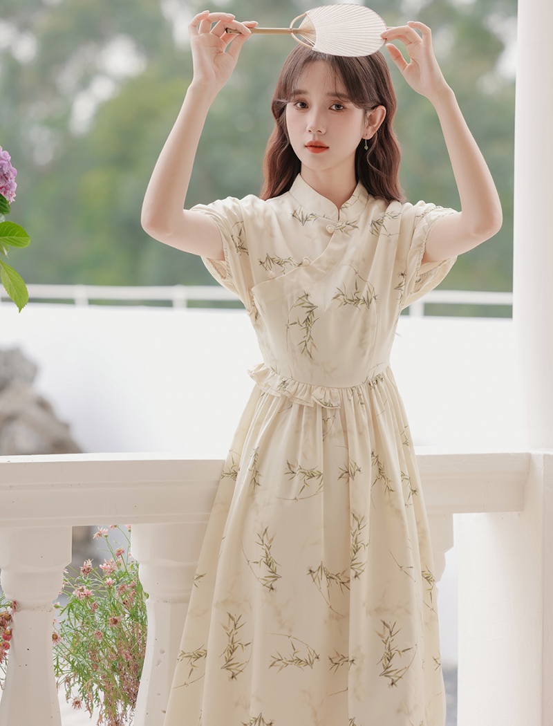 Retro art long dress short sleeve show young dress