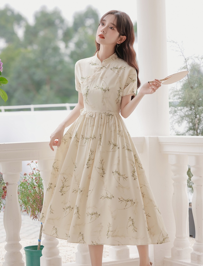 Retro art long dress short sleeve show young dress