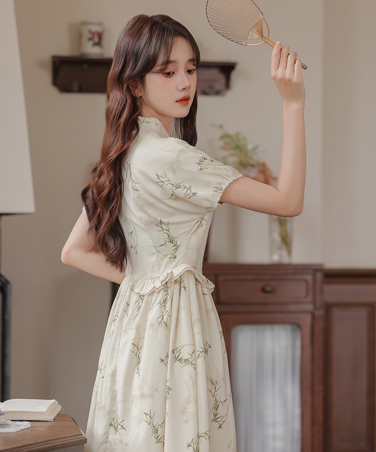 Retro art long dress short sleeve show young dress
