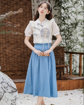 Lotus leaf edges skirt slim tops 2pcs set for women