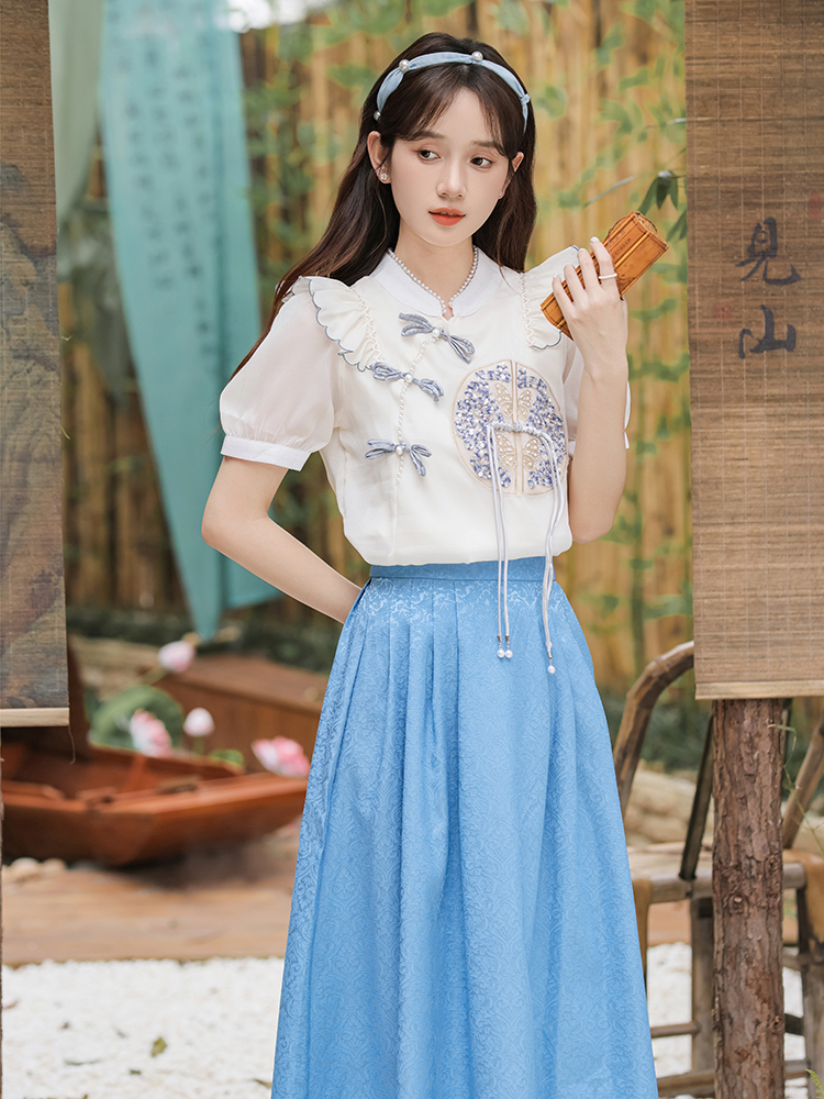 Lotus leaf edges skirt slim tops 2pcs set for women
