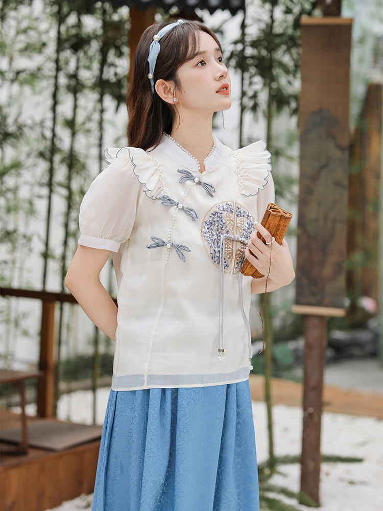 Lotus leaf edges skirt slim tops 2pcs set for women