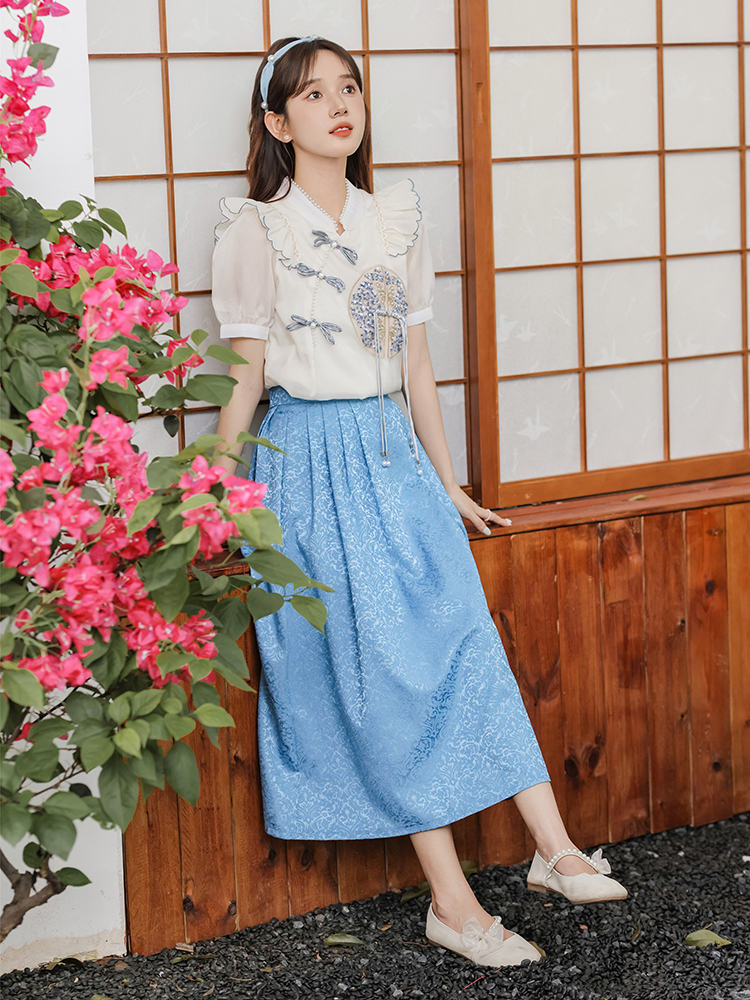 Lotus leaf edges skirt slim tops 2pcs set for women