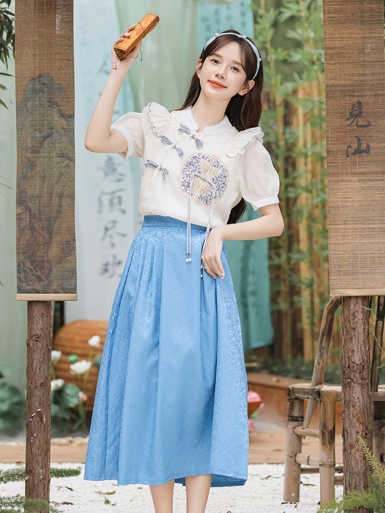 Lotus leaf edges skirt slim tops 2pcs set for women