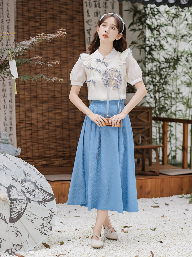 Lotus leaf edges skirt slim tops 2pcs set for women