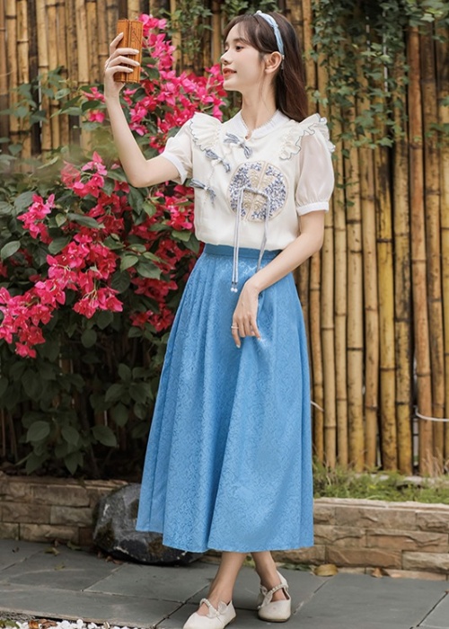 Lotus leaf edges skirt slim tops 2pcs set for women