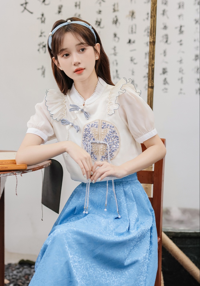 Lotus leaf edges skirt slim tops 2pcs set for women