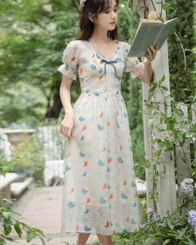Sweet slim summer printing art floral retro fresh dress