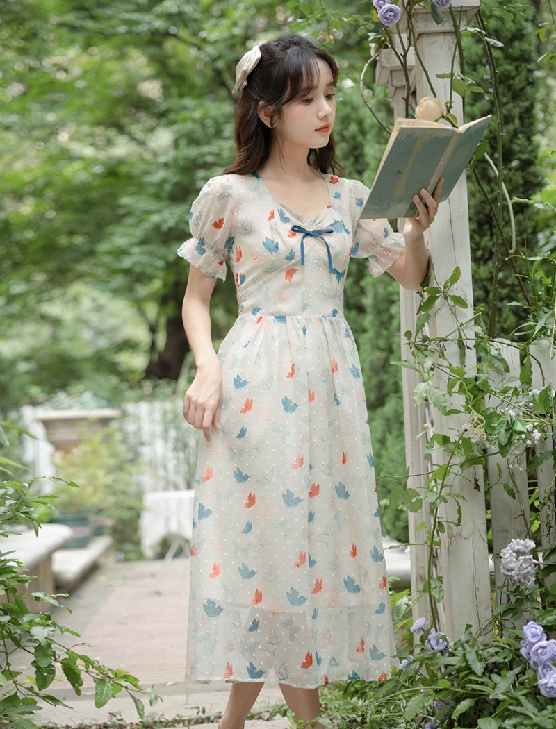 Sweet slim summer printing art floral retro fresh dress