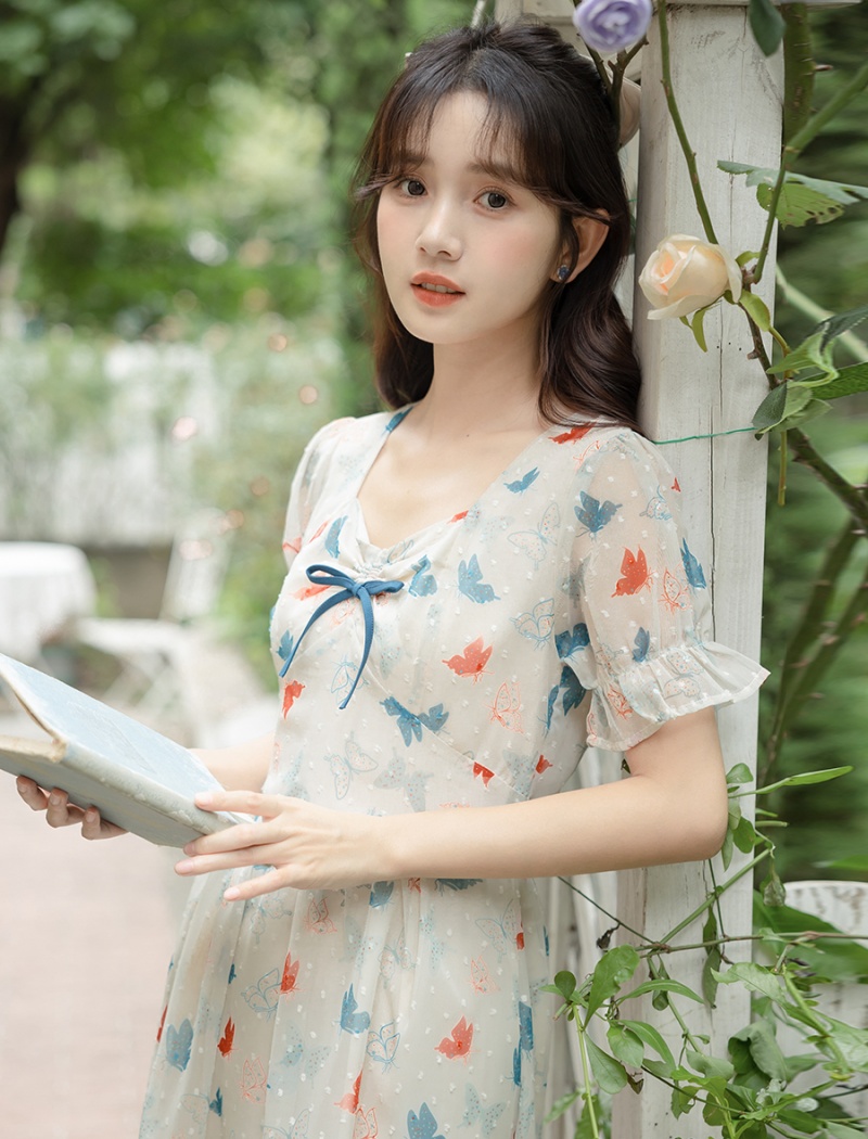 Sweet slim summer printing art floral retro fresh dress