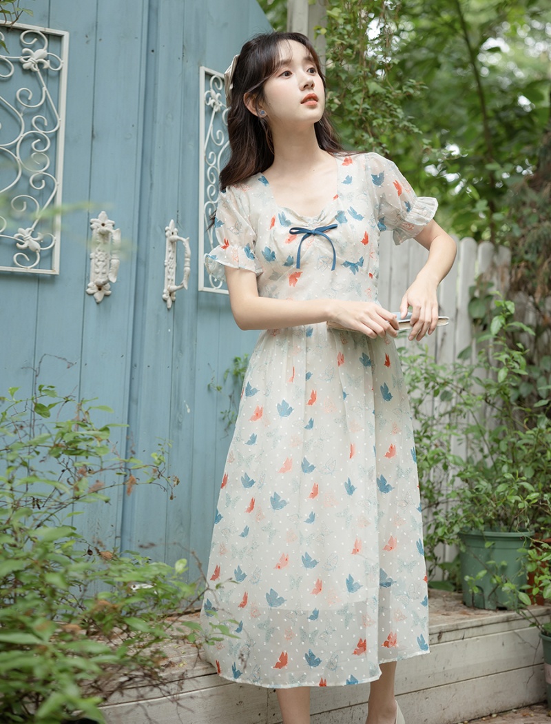 Sweet slim summer printing art floral retro fresh dress