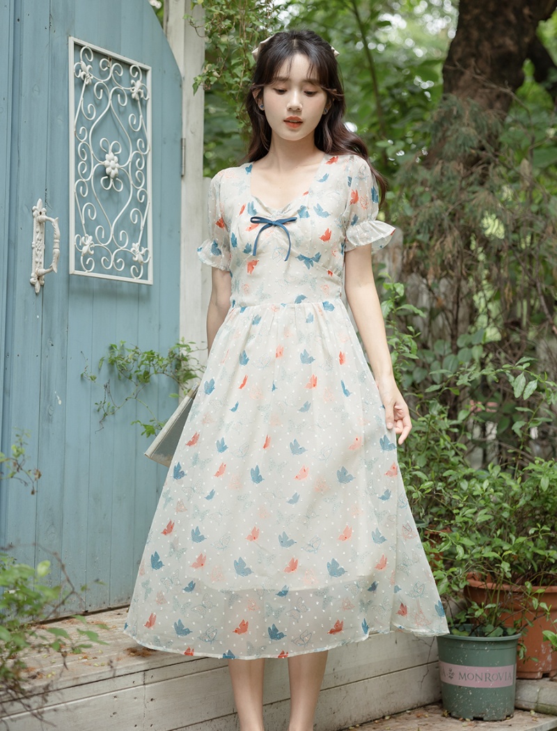 Sweet slim summer printing art floral retro fresh dress